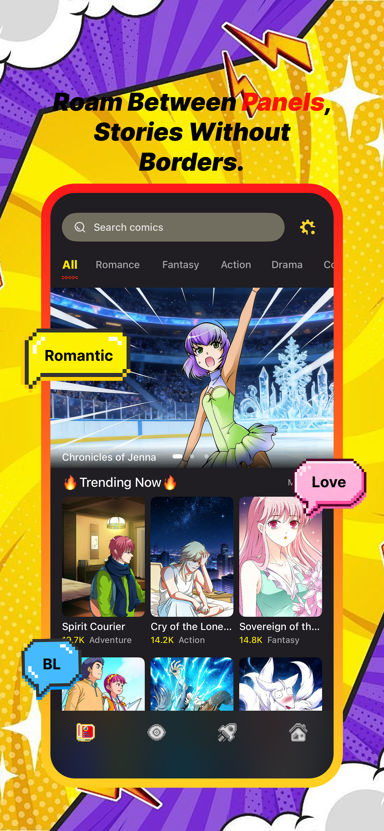 ToonLoom browse screen with categories and trending comics